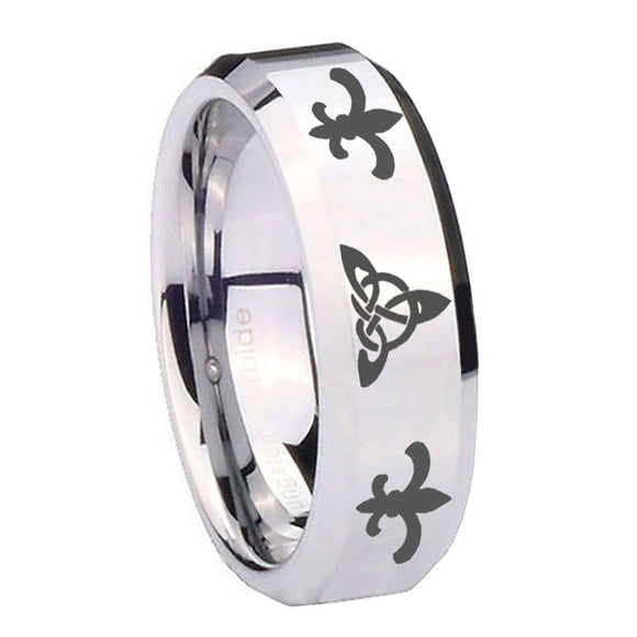 8mm-Celtic-Triangle-Fleur-De-Lis-Beveled-Edges-Silver-Tungsten-Men's-Bands-Ring