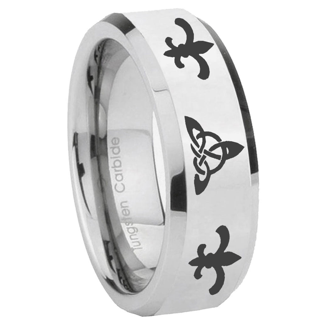 10mm Celtic Triangle Fleur Delis Beveled Silver Tungsten Wedding Bands Ring