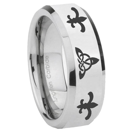 10mm Celtic Triangle Fleur Delis Beveled Silver Tungsten Wedding Bands Ring