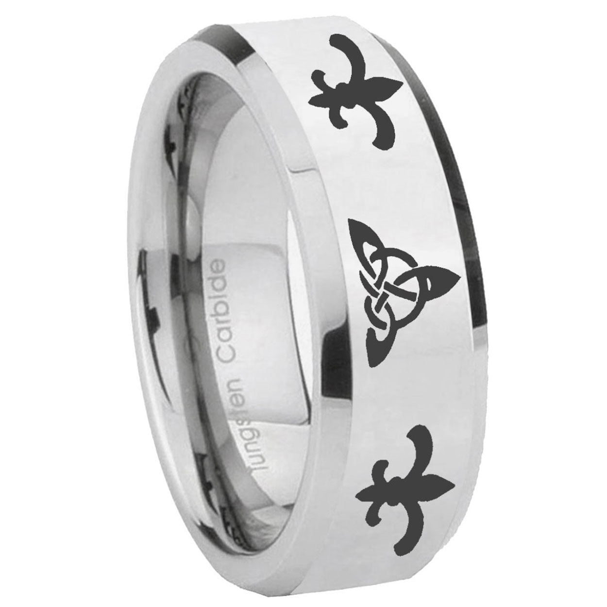 8MM Celtic Triangle Fleur Delis Bevel Polish Silver Tungsten Band