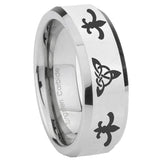 8mm Celtic Triangle Fleur Delis Beveled Edges Silver Tungsten Men's Bands Ring