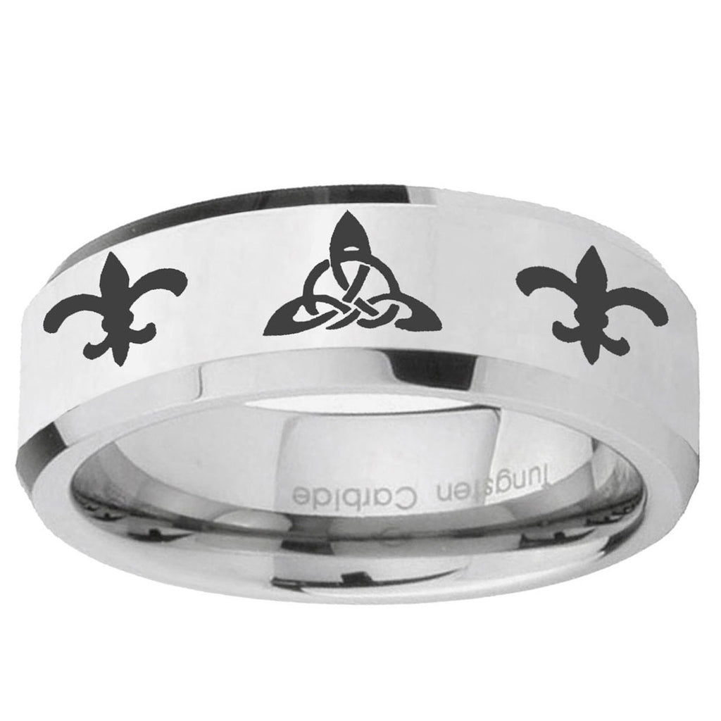 10mm Celtic Triangle Fleur-De-Lis Beveled Silver Tungsten Wedding Bands Ring