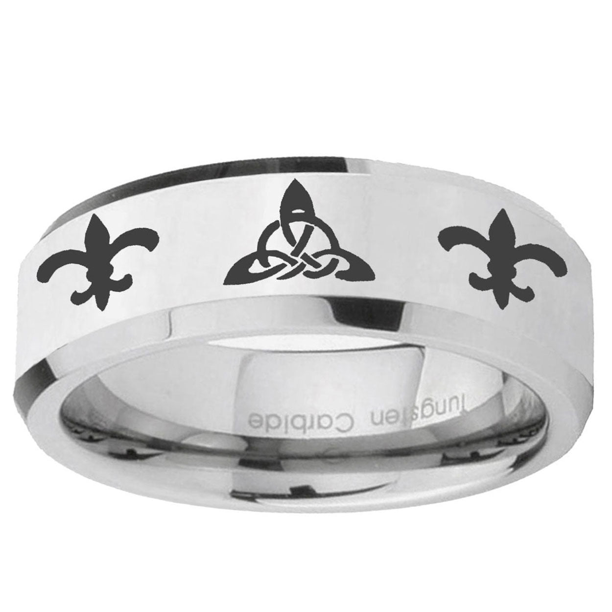 10mm Celtic Triangle Fleur-De-Lis Beveled Silver Tungsten Wedding Bands Ring