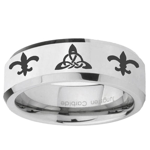 10mm Celtic Triangle Fleur-De-Lis Beveled Silver Tungsten Wedding Bands Ring