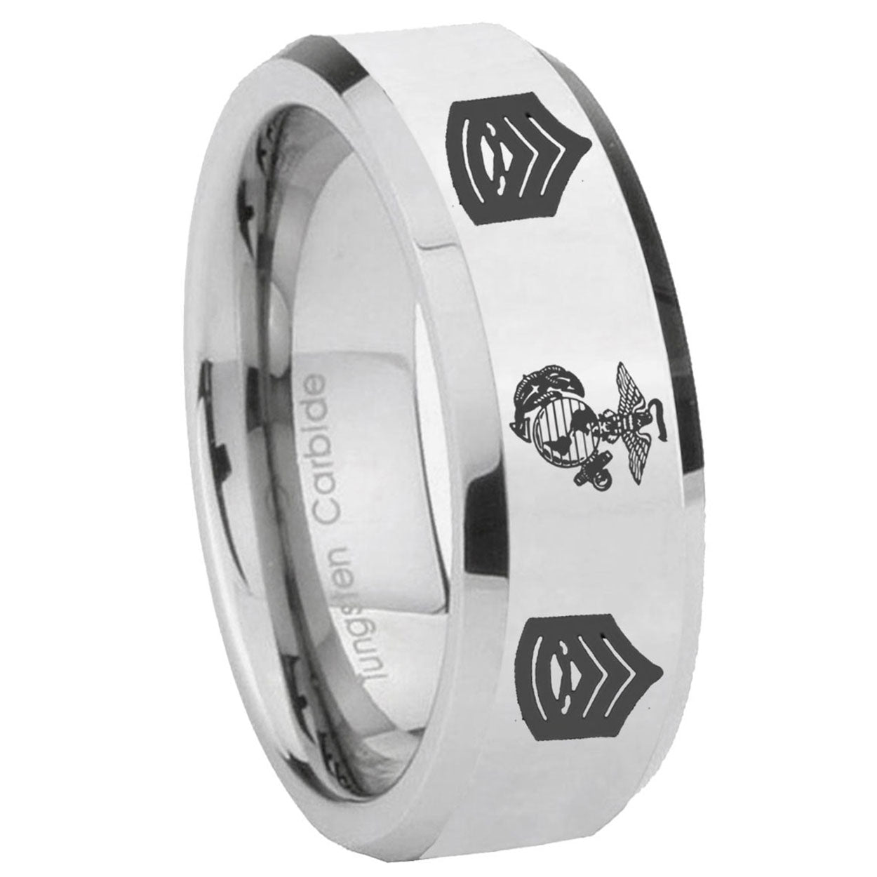 8MM Marine Army Sergeant Bevel Polish Silver Tungsten Wedding Band
