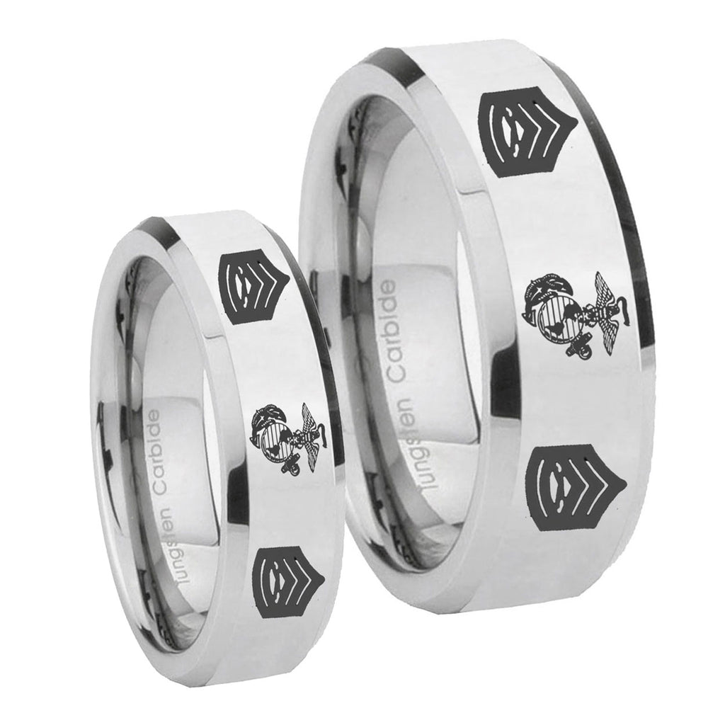 Marine Army Sergeant Beveled Edges Silver Tungsten Couples Ring Set