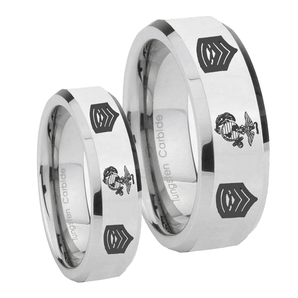 Marine Army Sergeant Beveled Edges Silver Tungsten Couples Ring Set