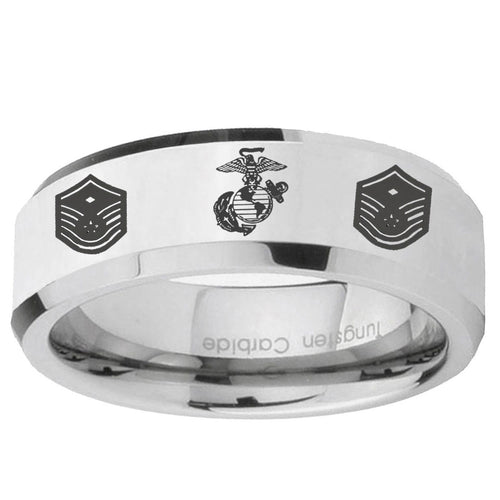 10mm Marine Chief Master Sergeant Beveled Edge Silver Tungsten Ring