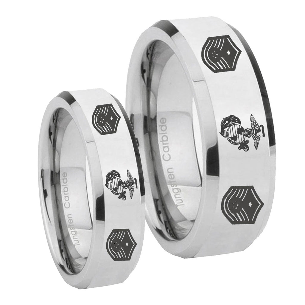 Marine Chief Master Sergeant Beveled Edges Silver Tungsten His Hers Ring Set