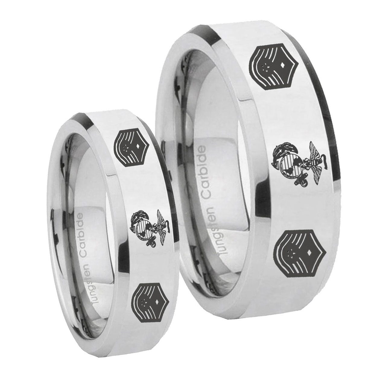 Marine Chief Master Sergeant Beveled Edges Silver Tungsten His Hers Ring Set