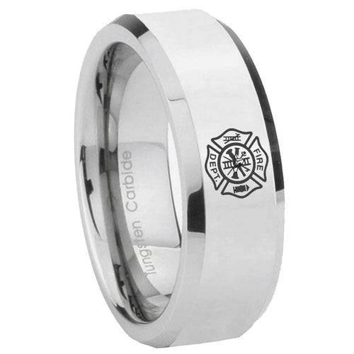 10mm Fire Department Beveled Edges Silver Tungsten Carbide Custom Ring for Men