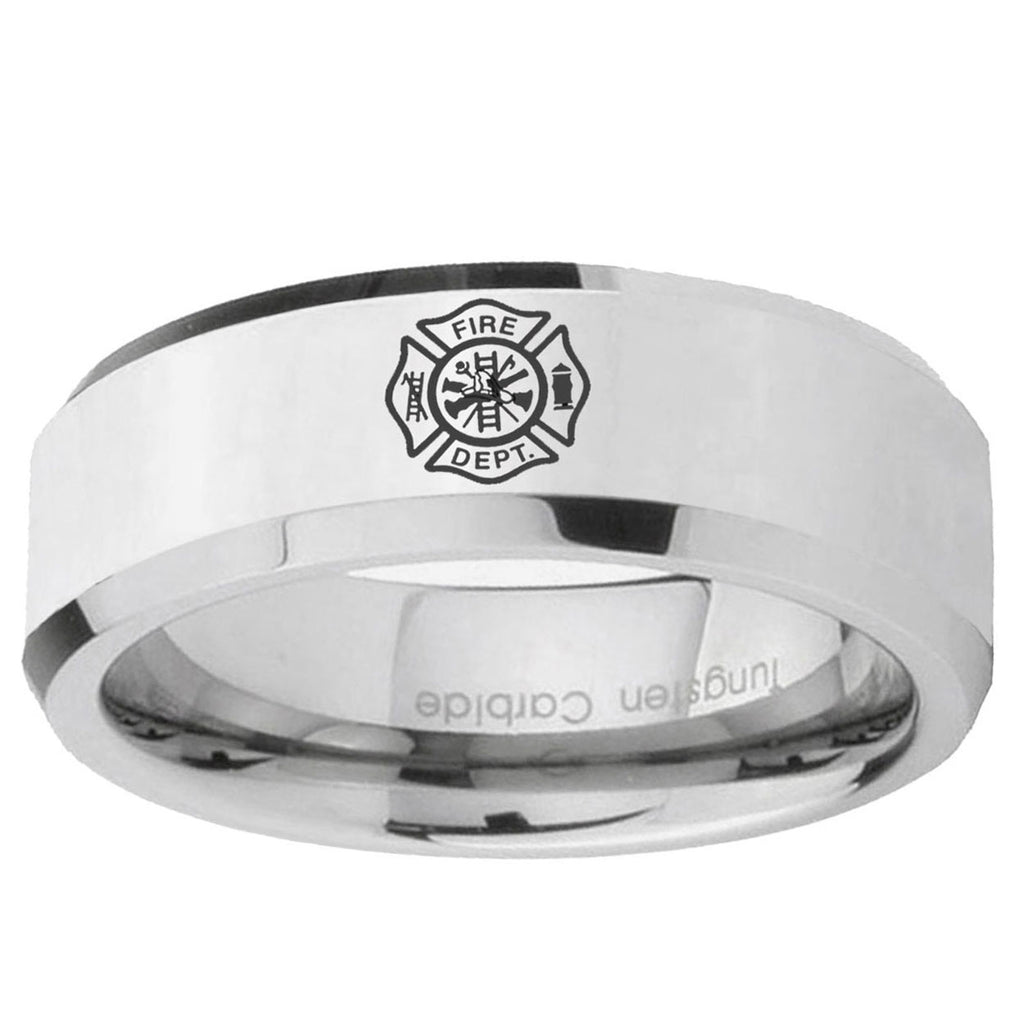 10mm Fire Department Beveled Edge Silver Tungsten Carbide Custom Ring for Men