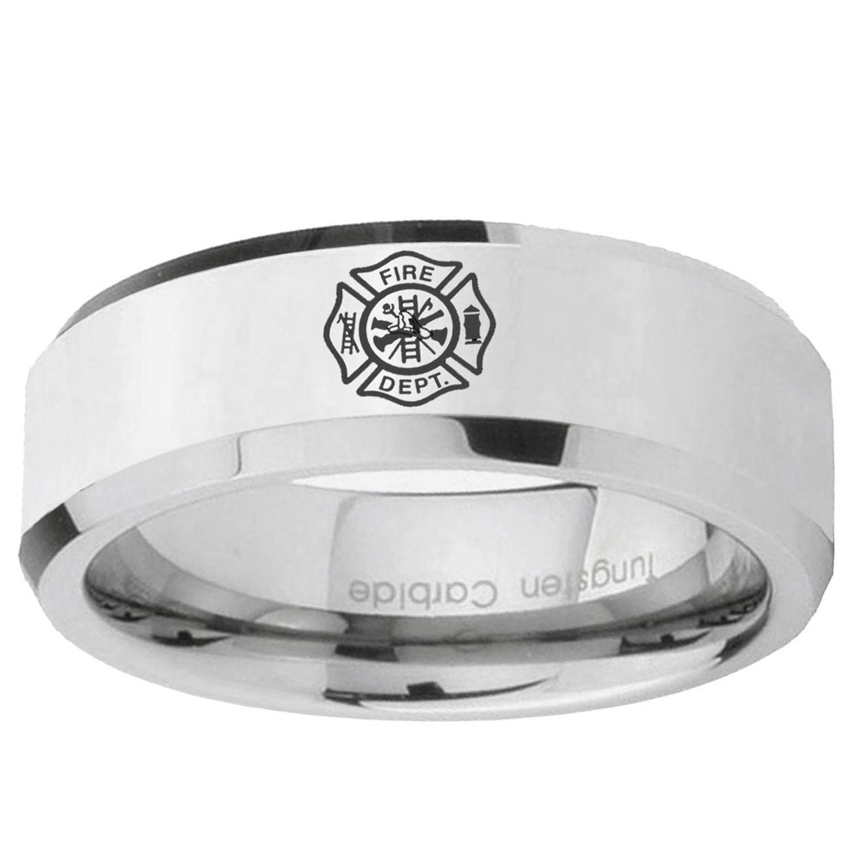 10mm Fire Department Beveled Edge Silver Tungsten Carbide Custom Ring for Men
