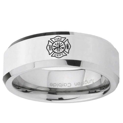 10mm Fire Department Beveled Edge Silver Tungsten Carbide Custom Ring for Men