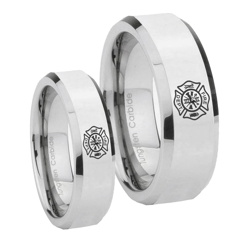 Fire Department Beveled Edges Silver Tungsten Wedding Band Set