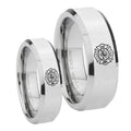 Fire Department Beveled Edges Silver Tungsten Wedding Band Set