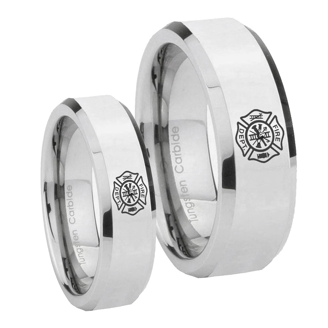 Fire Department Beveled Edges Silver Tungsten Wedding Band Set