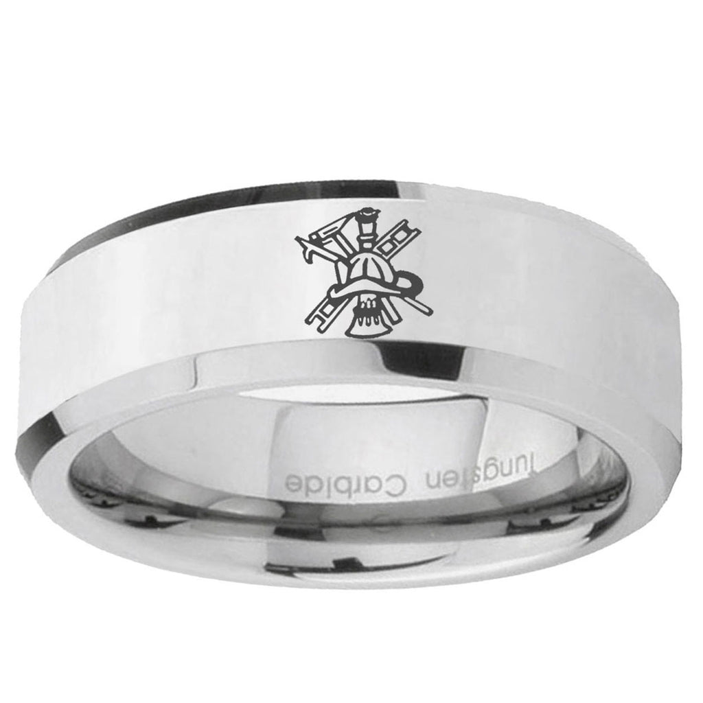 10mm Fireman Beveled Edge Silver Tungsten Carbide Mens Engagement Ring
