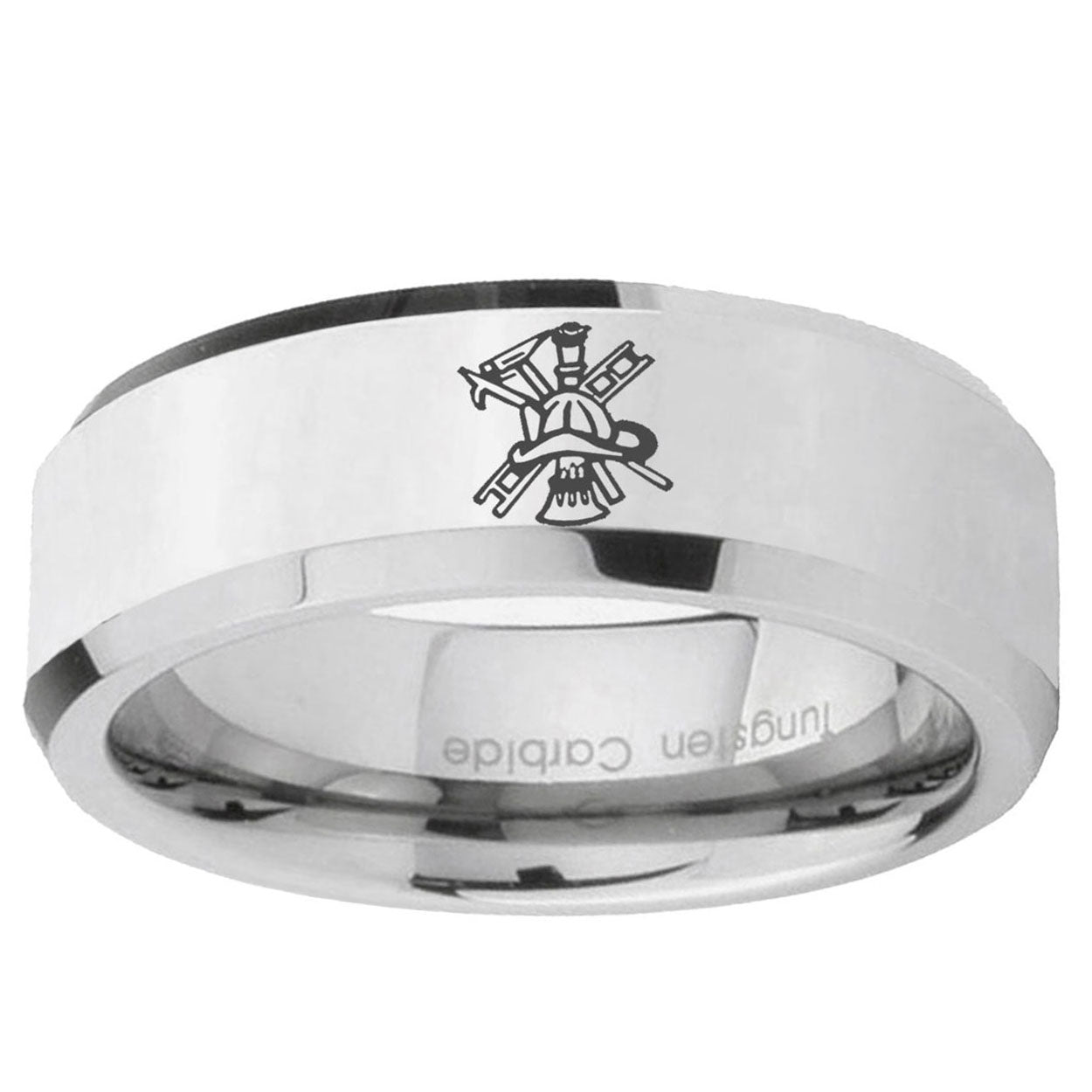 10mm Fireman Beveled Edge Silver Tungsten Carbide Mens Engagement Ring