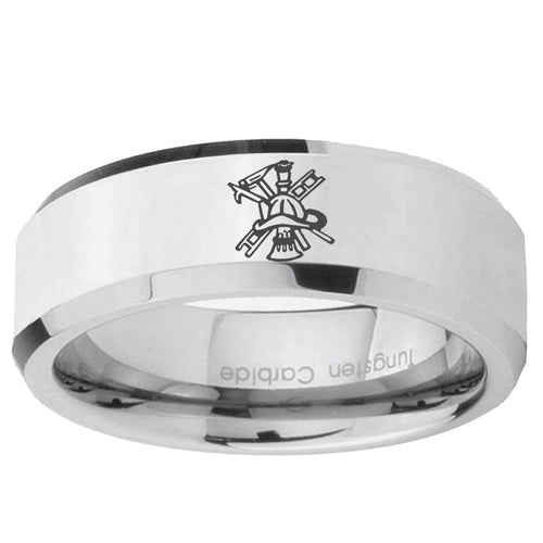10mm Fireman Beveled Edge Silver Tungsten Carbide Mens Engagement Ring