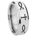 8MM Fish And Cross Bevel Polish Silver Tungsten Mens Engagement Ring