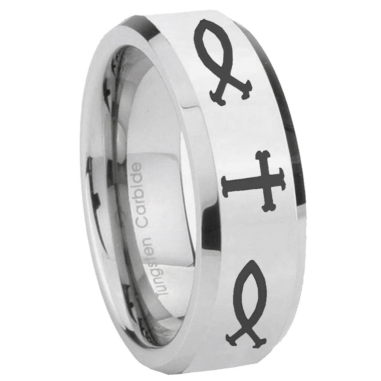 8MM Fish And Cross Bevel Polish Silver Tungsten Mens Engagement Ring