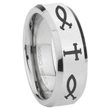 10mm Fish & Cross Beveled Edges Silver Tungsten Carbide Mens Engagement Band