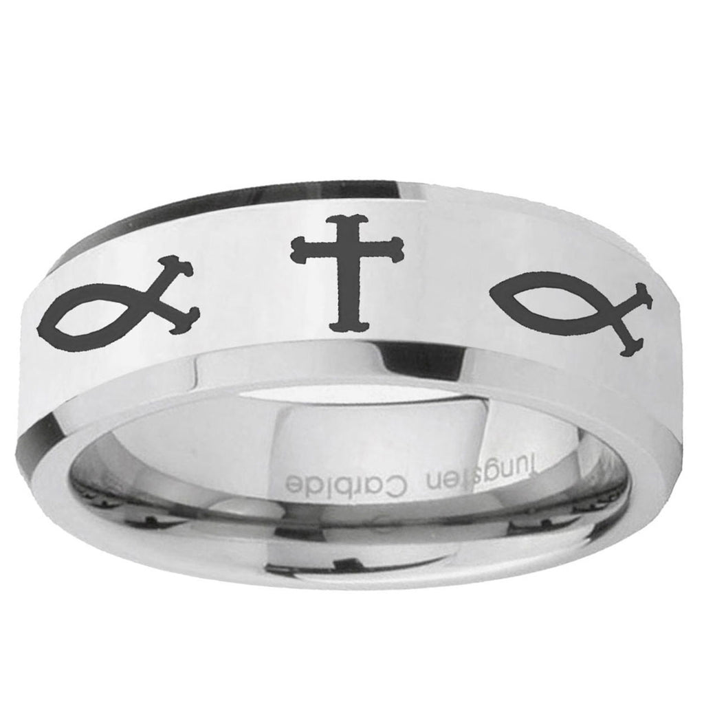 10mm Fish & Cross Beveled Edge Silver Tungsten Ring