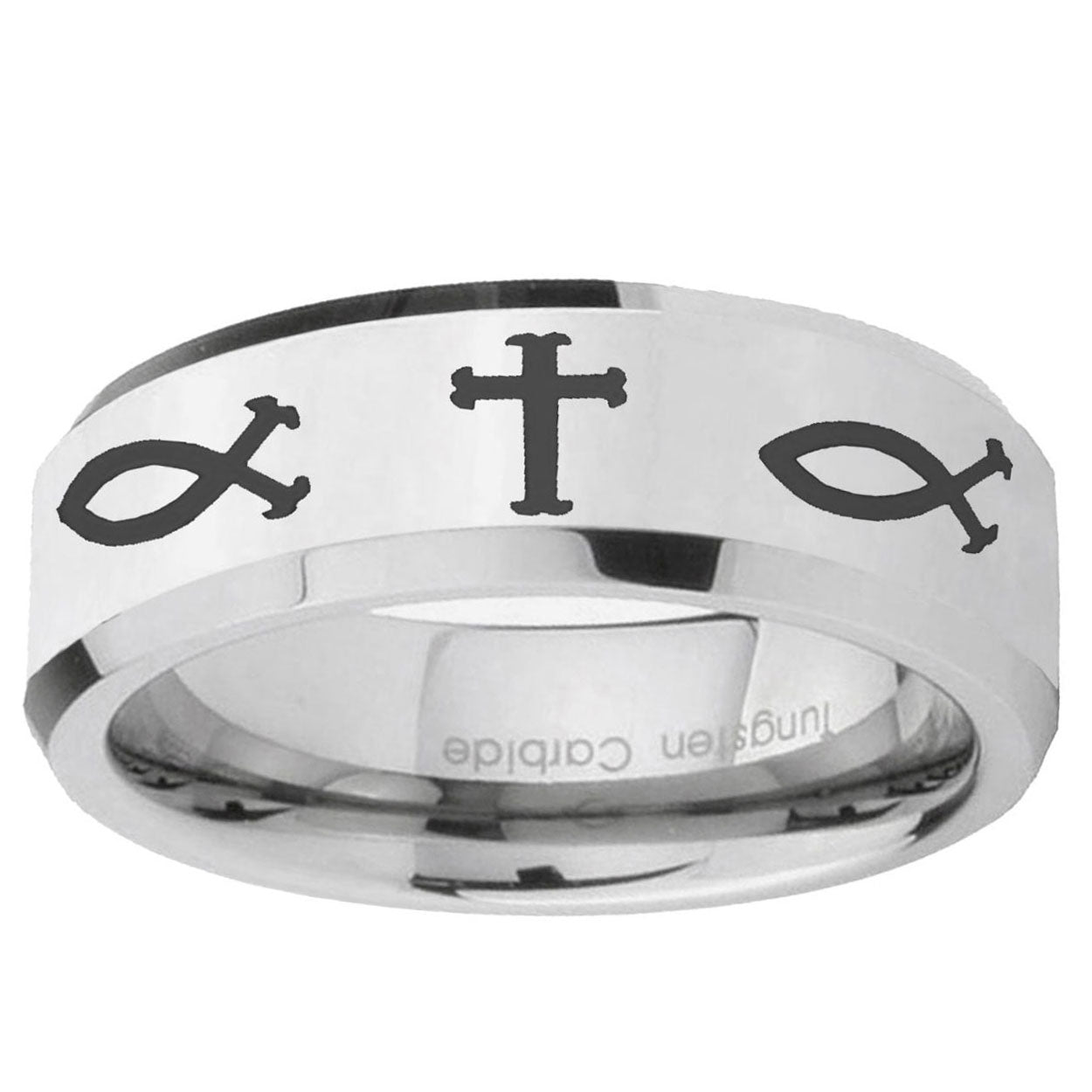 10mm Fish & Cross Beveled Edge Silver Tungsten Ring