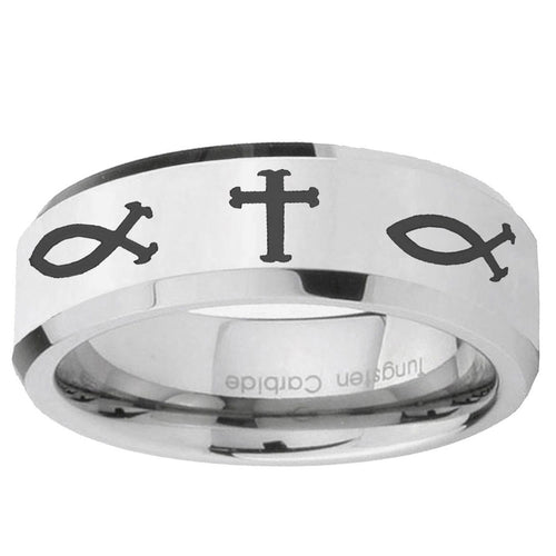 10mm Fish & Cross Beveled Edge Silver Tungsten Ring