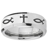5, 8mm Fish & Cross Beveled Edge Silver Tungsten Ring