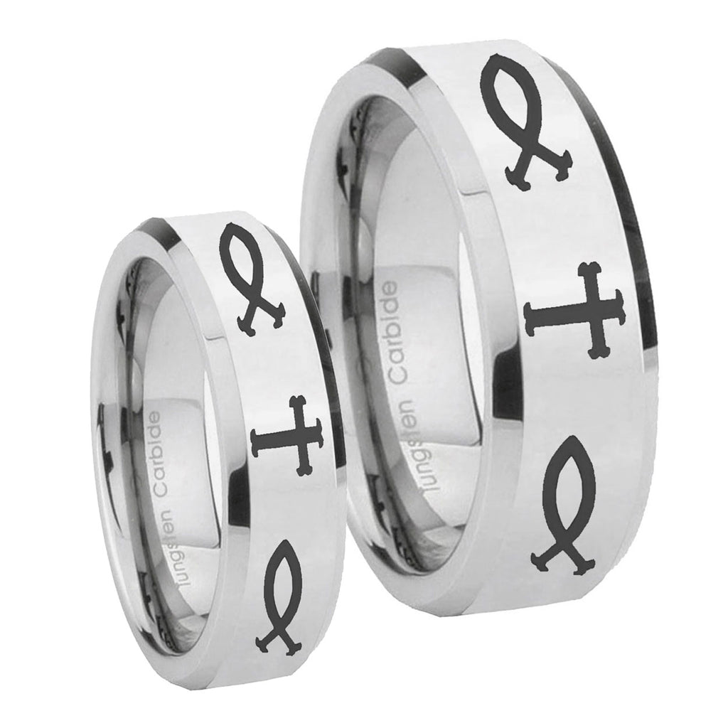 Fish & Cross Beveled Edges Silver Tungsten Engagement Ring Set