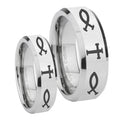 Fish & Cross Beveled Edges Silver Tungsten Engagement Ring Set