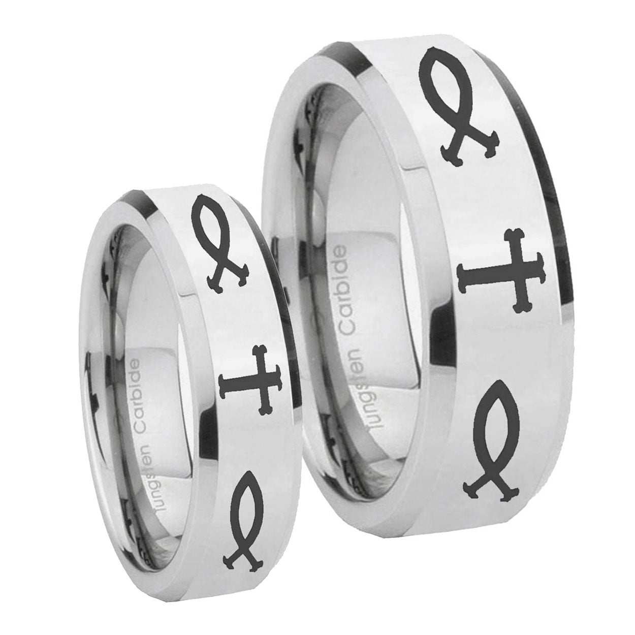 Fish & Cross Beveled Edges Silver Tungsten Engagement Ring Set