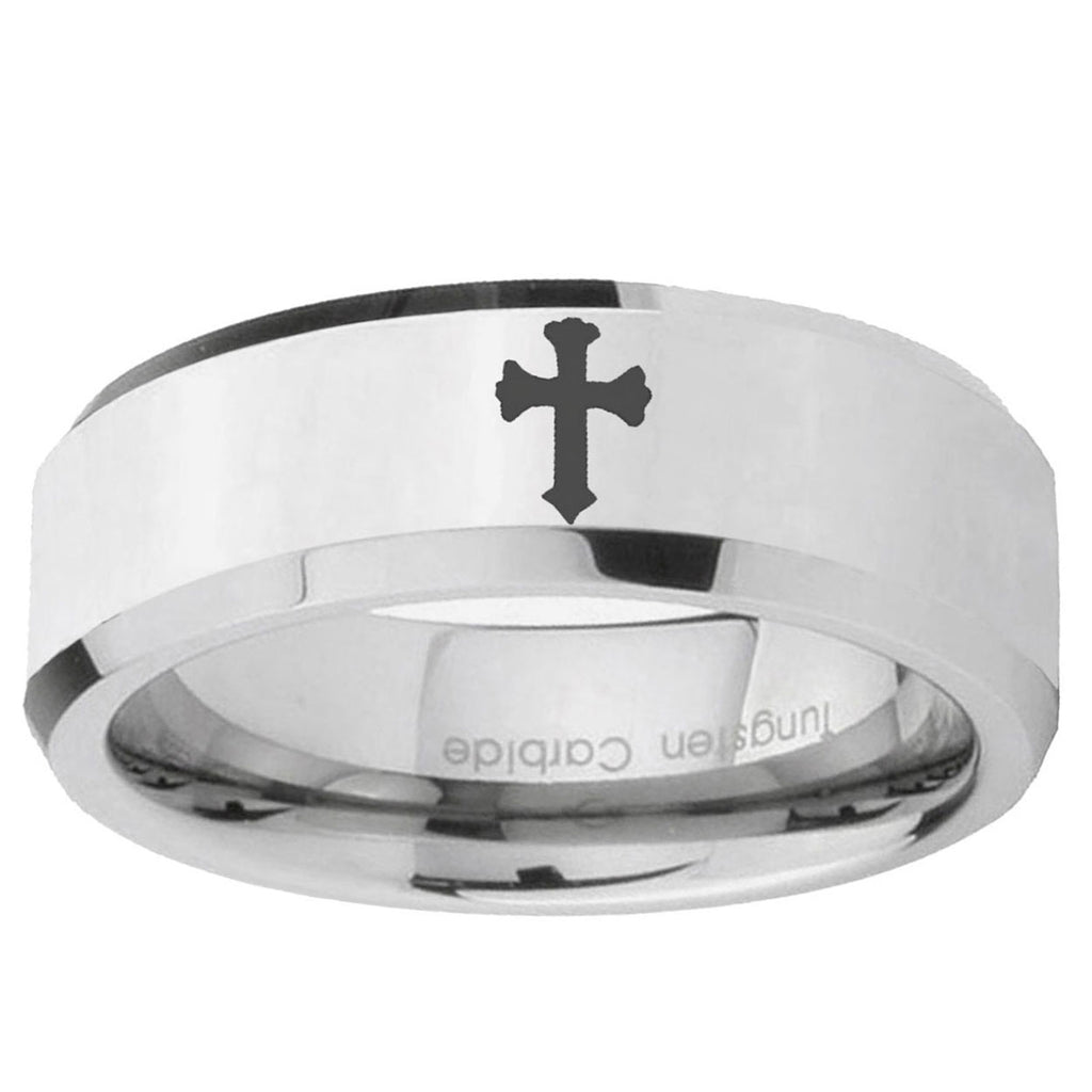 10mm Flat Christian Cross Beveled Edge Silver Tungsten Men's Engagement Band