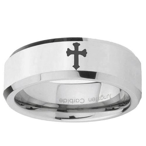 10mm Flat Christian Cross Beveled Edge Silver Tungsten Men's Engagement Band