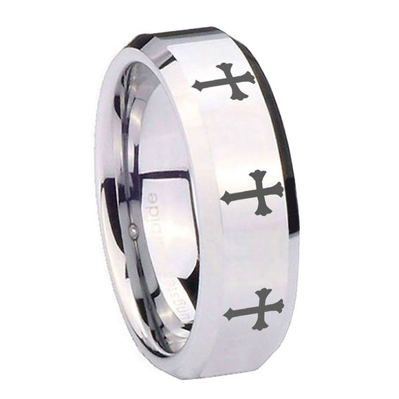 10mm-Multiple-Christian-Cross-Beveled-Edges-Silver-Tungsten-Men's-Wedding-Band