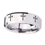 10mm-Multiple-Christian-Cross-Beveled-Edges-Silver-Tungsten-Men's-Wedding-Band