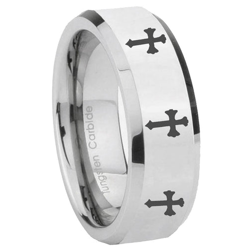 10mm Multiple Christian Cross Beveled Edges Silver Tungsten Men's Wedding Band
