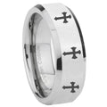 8MM Multiple Christian Cross Bevel Polish Silver Tungsten Mens Ring