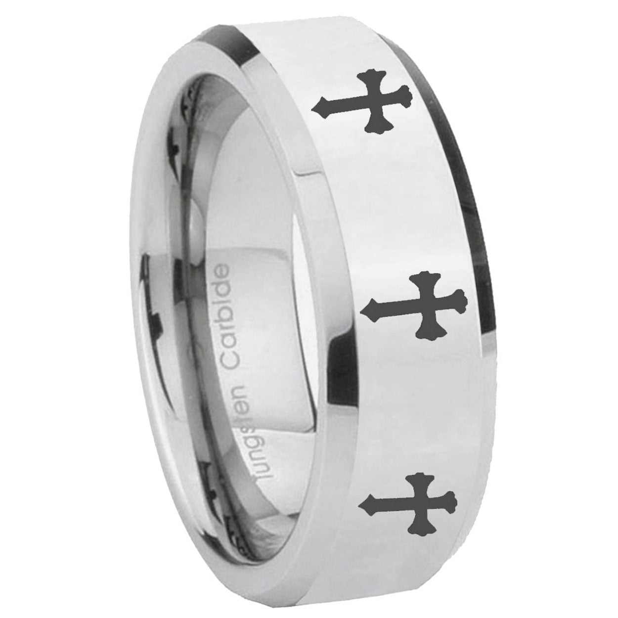 8MM Multiple Christian Cross Bevel Polish Silver Tungsten Mens Ring