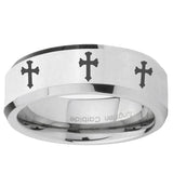 10mm Multiple Christian Cross Beveled Edge Silver Tungsten Men's Wedding Band