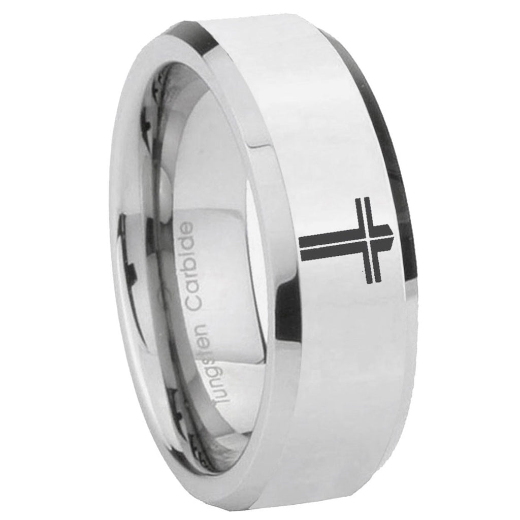 10mm Flat Christian Cross Beveled Edges Silver Tungsten Wedding Engagement Ring
