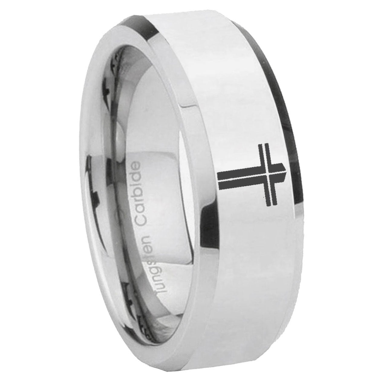 8MM Flat Christian Cross Bevel Polish Silver Tungsten Ring For Man
