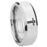 8mm Flat Christian Cross Beveled Edges Silver Tungsten Mens Engagement Band