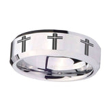 10mm-Multiple-Christian-Cross-Beveled-Edges-Silver-Tungsten-Engagement-Ring