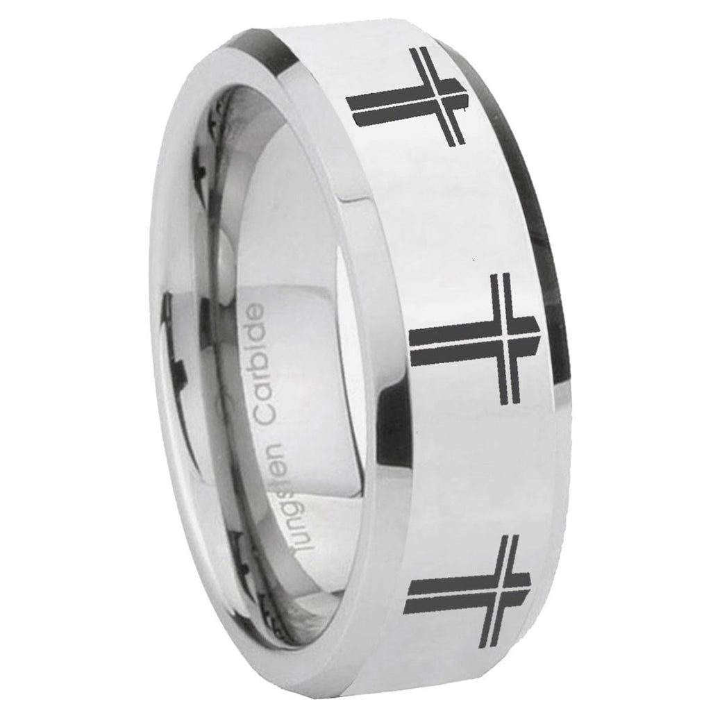 10mm Multiple Christian Cross Beveled Edges Silver Tungsten Engagement Ring