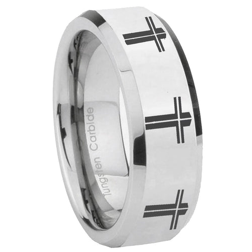 10mm Multiple Christian Cross Beveled Edges Silver Tungsten Engagement Ring