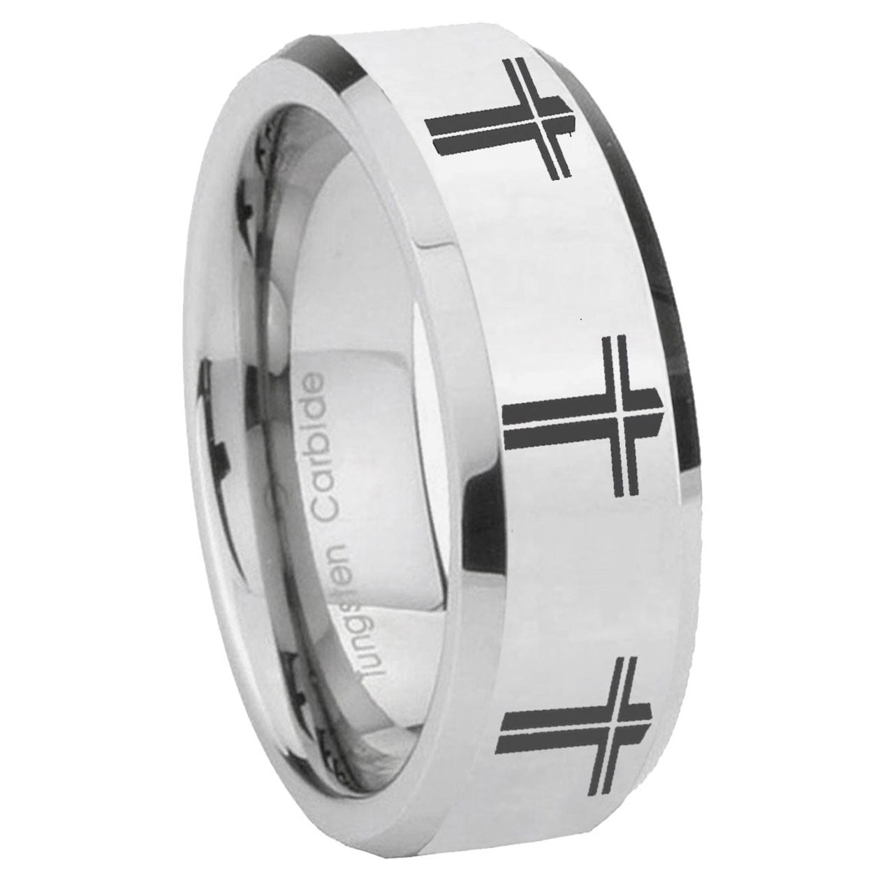 8MM Multiple Christian Cross Bevel Polish Silver Tungsten Ring Men