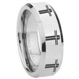 10mm Multiple Christian Cross Beveled Edges Silver Tungsten Engagement Ring